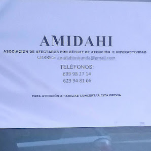 Amidahi Asociación Mirandesa Para Niños Con Tdah C. Rda. del Ferrocarril, 55, Bjo. 09200, 09200 Miranda de Ebro, Burgos, España
