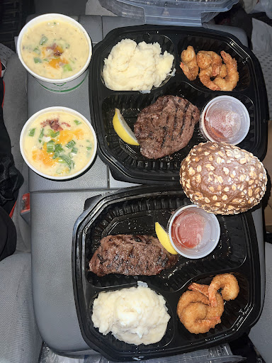 Steak and Shrimp Duo, loaded bake potato soup and mashed potatoes 