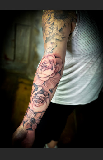 Explore wolf sleeve tattoo ideas, creative tattoo ideas in Jefferson, available at Muse Studio Art & Tattoos (Private Studio)