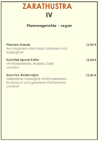 Zarathustra à Cologne menu