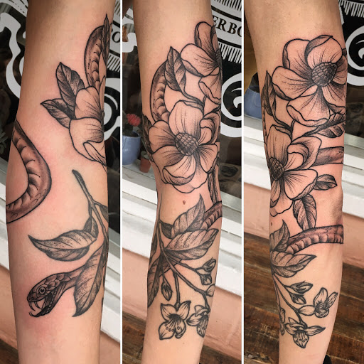 Explore dragon sleeve tattoo ideas, creative tattoo ideas in Savannah, available at Riverside Tattoo Parlor