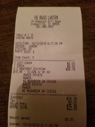American Restaurant «The Brass Lantern Restaurant and Lounge», reviews and photos, 79 Chestnut Hill Rd, Crossville, TN 38555, USA