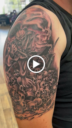Explore tattoo sleeve skull ideas, creative tattoo ideas in Franklin, available at Hellcat Tattoo Franklin