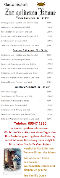 Restaurant allemand Gastwirtschaft Zur Goldenen Krone à Rattelsdorf (le menu)