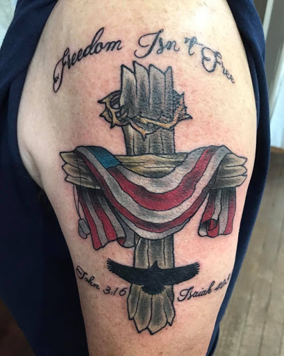 Explore saint tattoo ideas, creative tattoo ideas in Franklin, available at Olde Anchor Tattoo