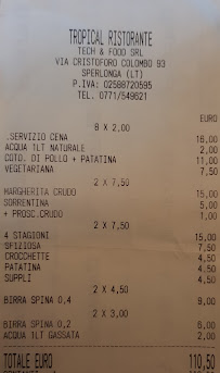 Menu du Ristorante Pizzeria Tropical à Sperlonga