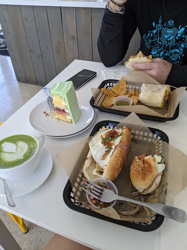 Breakfast burrito, breakfast hot dog, lemon raspberry cake, matcha latte