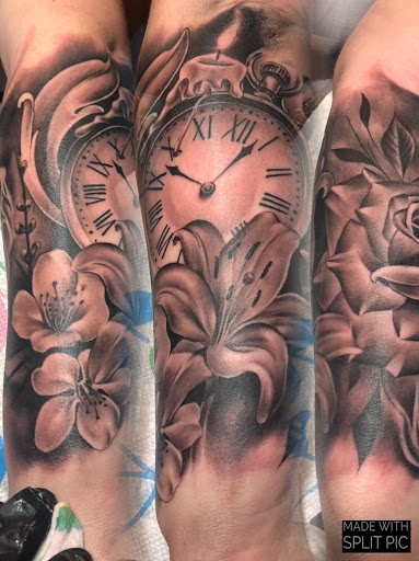 Explore tattoo 3/4 sleeve ideas, creative tattoo ideas in Junction City, available at New Era Tattoo Studio