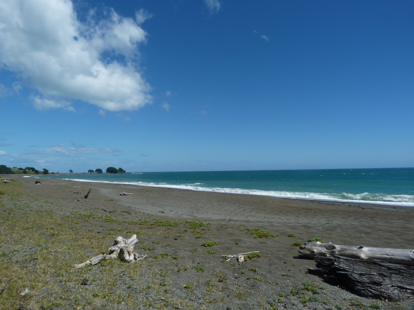 Foto di Te Kaka Beach con una superficie del sabbia grigia