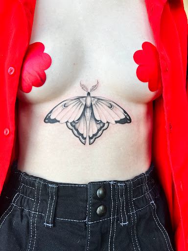Explore angel chest tattoo ideas, creative tattoo ideas in Portland, available at Midnight Tattoo