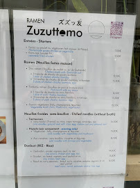Carte du Zuzuttomo - Original Ramen Noodles from 日本 à Paris
