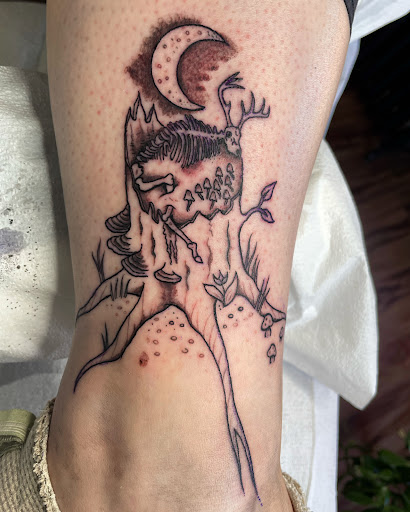 Explore upper thigh tattoo ideas, creative tattoo ideas in Barre, available at HINTERLAND TATTOO