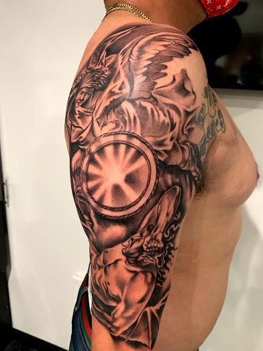 Explore music sleeve tattoo ideas, creative tattoo ideas in Lancaster, available at DEADMANS STUDIO