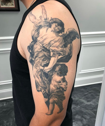 Explore justice tattoo ideas, creative tattoo ideas in Warrenville, available at UpRise Tattoos