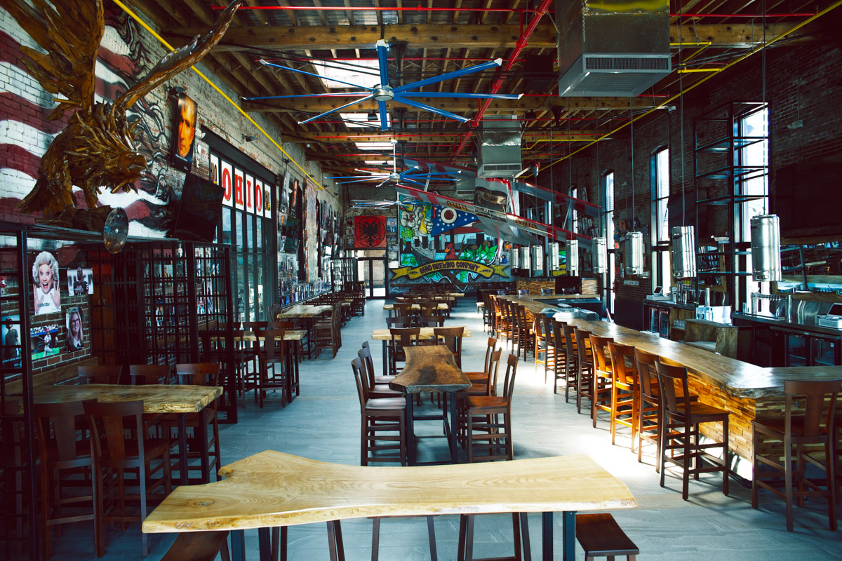 Brewing tanks in a taproom