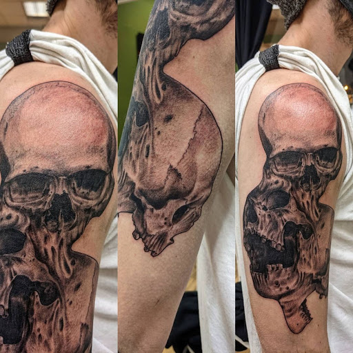 Explore shoulder arm tattoo ideas, creative tattoo ideas in Meriden, available at Time and Tide