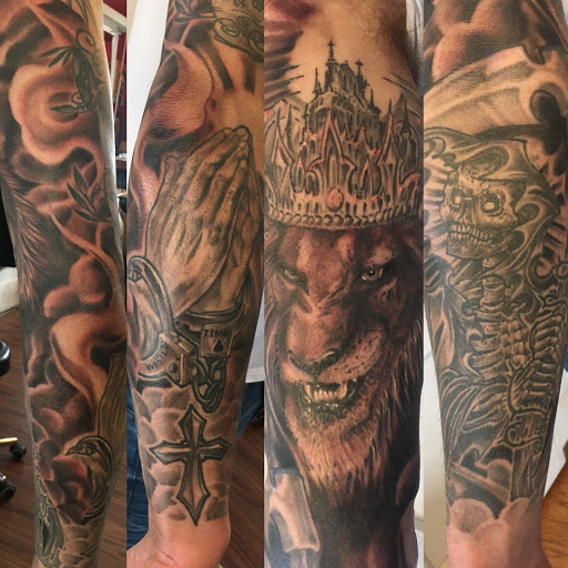 Explore upper arm tattoo ideas for guys, creative tattoo ideas in Milford, available at Golden Hammer Tattoo Studios
