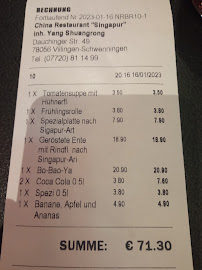 Menu du China Restaurant Singapur à Villingen-Schwenningen
