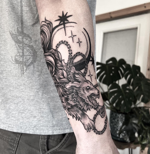 Explore inner bicep tattoo ideas for guys, creative tattoo ideas in Lopez Island, available at Soot and Bone Body Art Studio