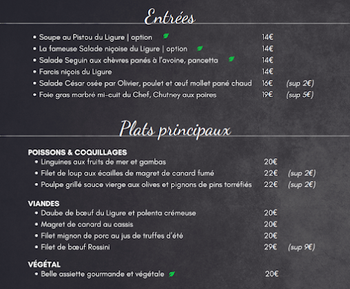 menu du restaurants Le Ligure Nice Restaurant à Nice