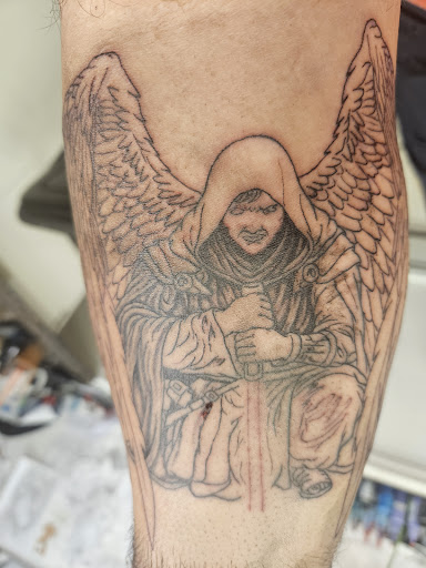 Explore leg piece tattoo ideas, creative tattoo ideas in Middleboro, available at Darkside Kustoms