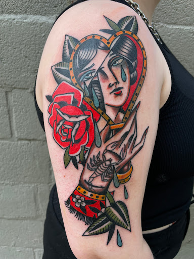 Explore witch broom tattoo ideas, creative tattoo ideas in Oxford, available at Crown of Thorns Tattoo