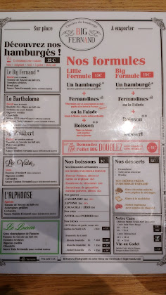 menu du Restaurant de hamburgers Big Fernand à Nice