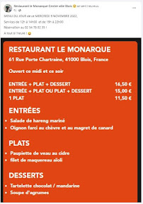 Restaurant Hotel Restaurant Le Monarque à Blois - menu / carte