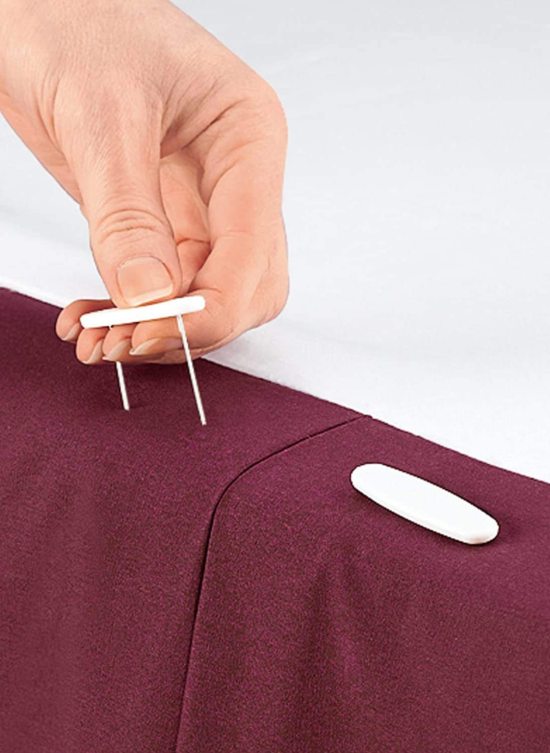 To use these bed skirt pins, push them through the bed skirt and box spring underneath while avoiding damaging the bed skirt fabric. 