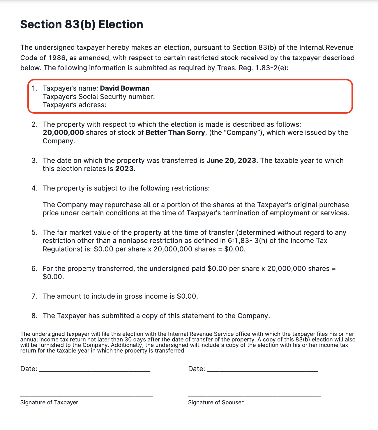 83(b) Election Filings for Founders