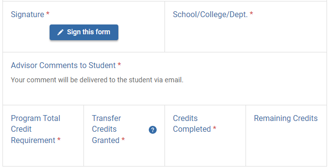 Advisor Approval Section Part 2 Screenshot of the Advisor Approval Section continued