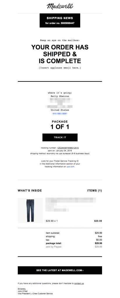 Shipping confirmation email example