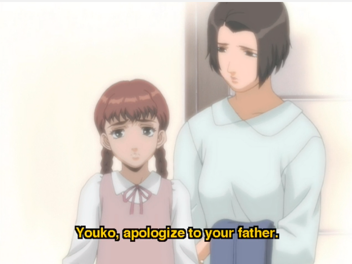A young Youko stands next to her mother, who says "Youko, apologize to your father."
