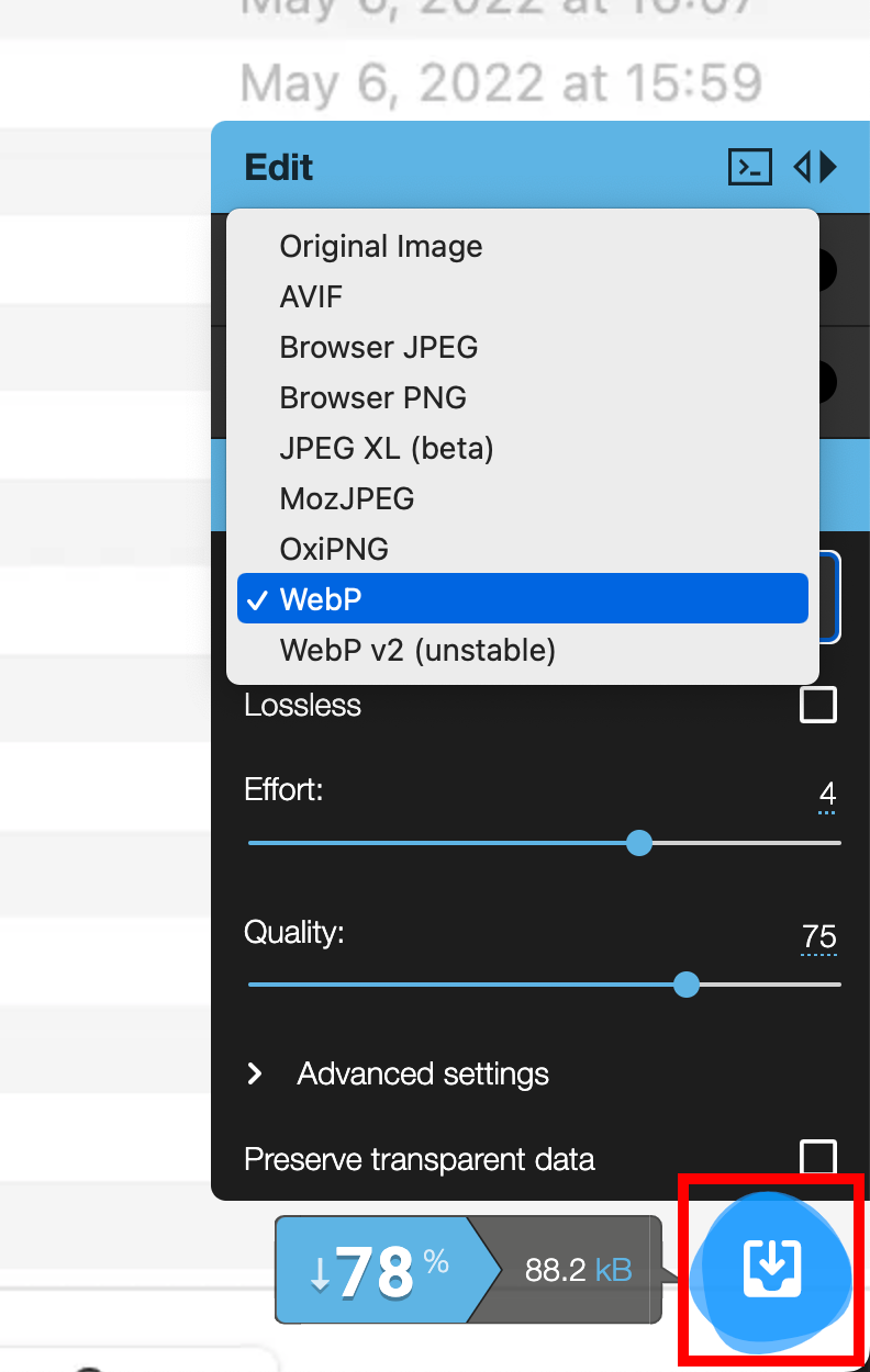 Squoosh editor showing the icon used to download the compressed image