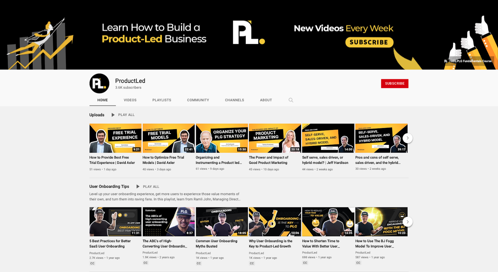 ProductLed releases new product-led growth informative YouTube videos weekly as a form of content marketing.