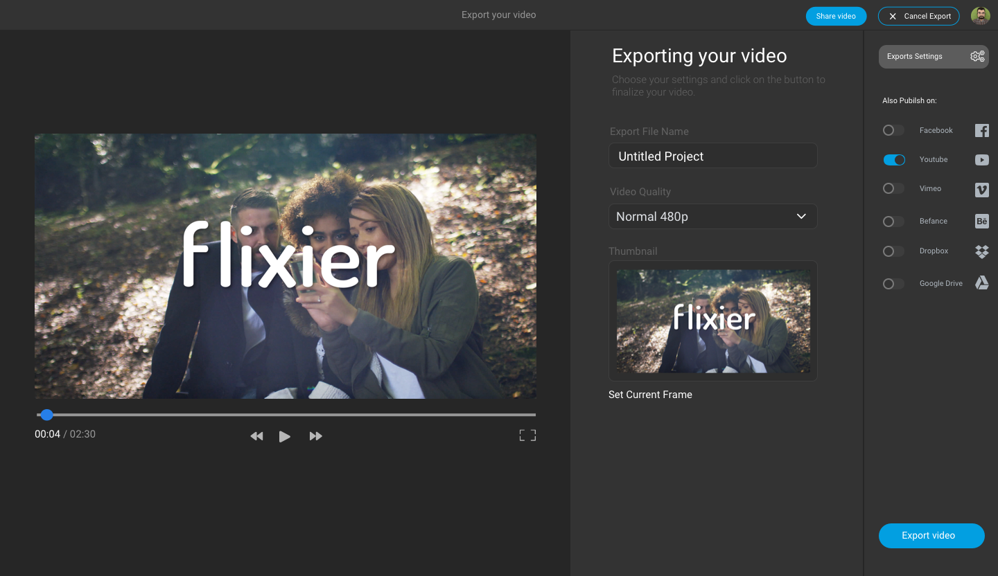 The Flixier export screen