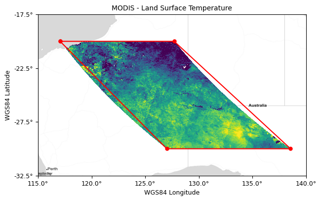 A MODIS land surface temperature tile bounded by a four-point polygon in WGS84. With this outline, there is a gap on the east and gore on the west. 