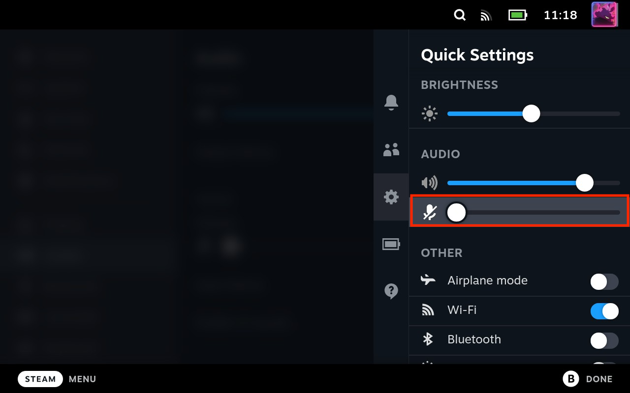 Image of Steam Deck Quick Settings menu with mic volume set to 0 to mute.