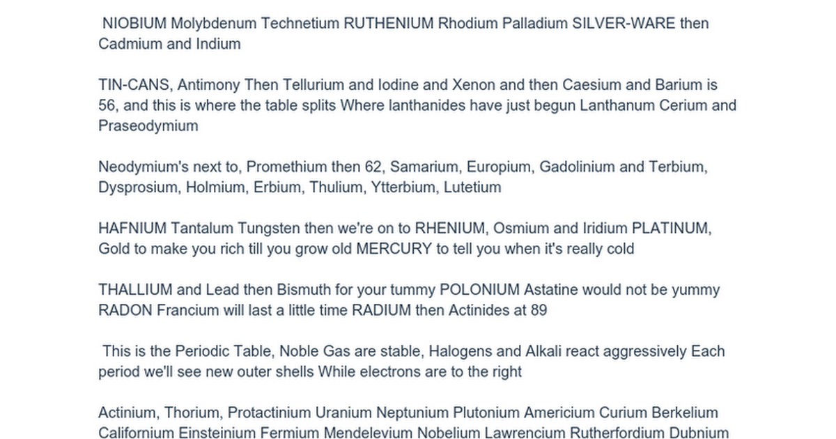 Lyrics to the Periodic Table Song - Google Docs
