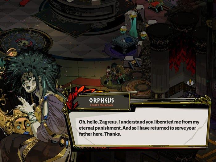 Screenshot of the video game Hades with a character names Orpheus on screen