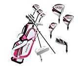 Aspire X1 Ladies Womens Complete Right Handed Golf Clubs Set Includes Titanium Driver, S.S. Fairway, S.S. Hybrid, S.S. 6-PW Irons, Putter, Stand Bag, 3 H/C's Cherry Pink