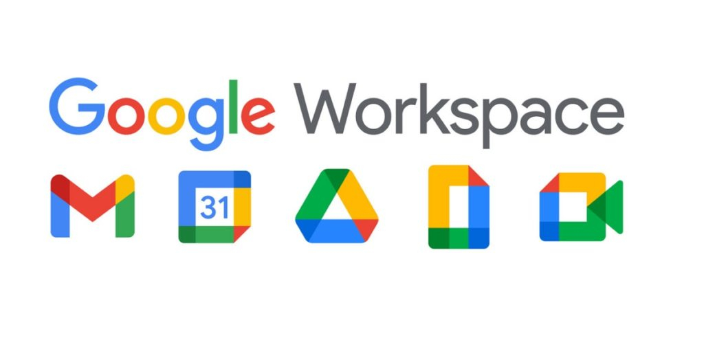 Image showing the logos of Google’s many products launched through brand extensions and now packaged as the Google Workspace.