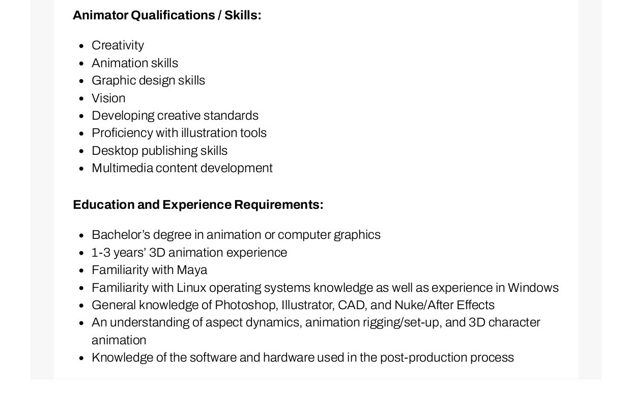 example of animator job qualifications and skills you should include in an animation job description