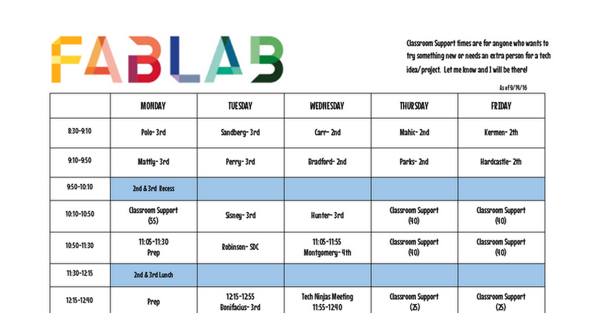 Fab Lab Schedule-9/14