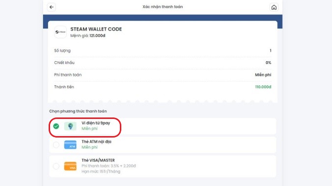 Thanh toán mua Steam Wallet Code bằng Ví điện tử 9Pay