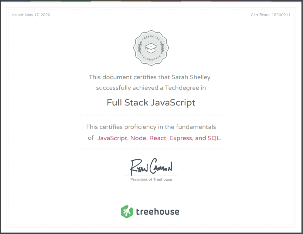Sarah Shelley's Full Stack JavaScript Techdegree Certificate
