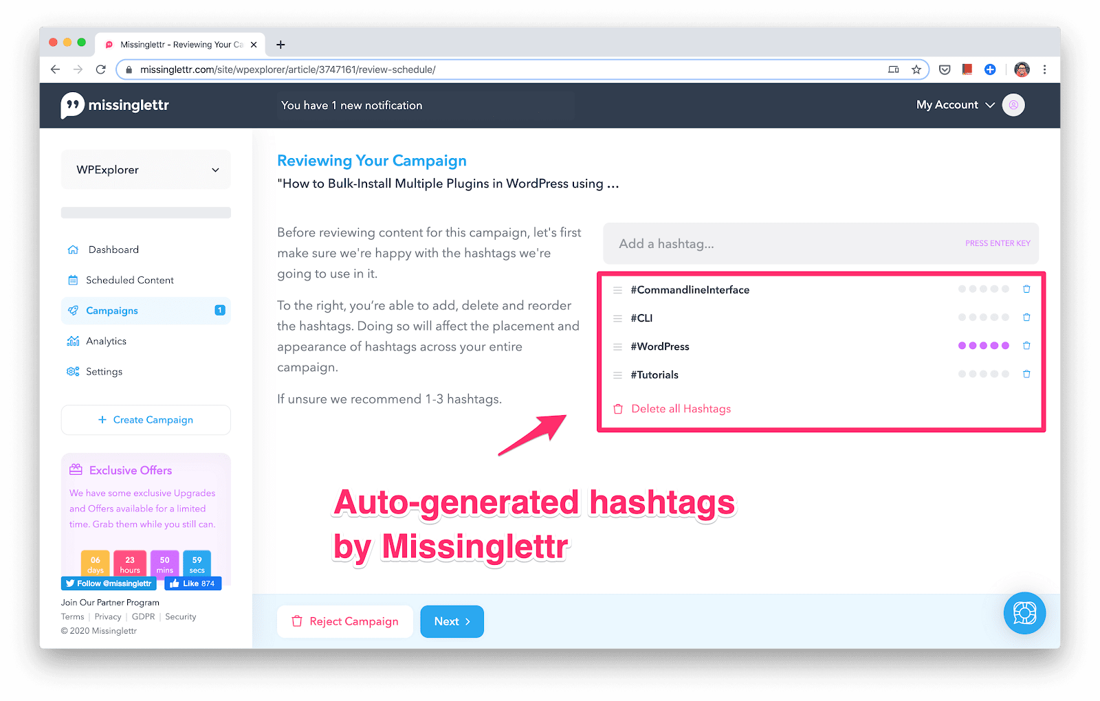 12 hashtags de campanha misslettr geradas automaticamente