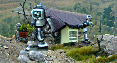 robot in the mountain cottage-pixray