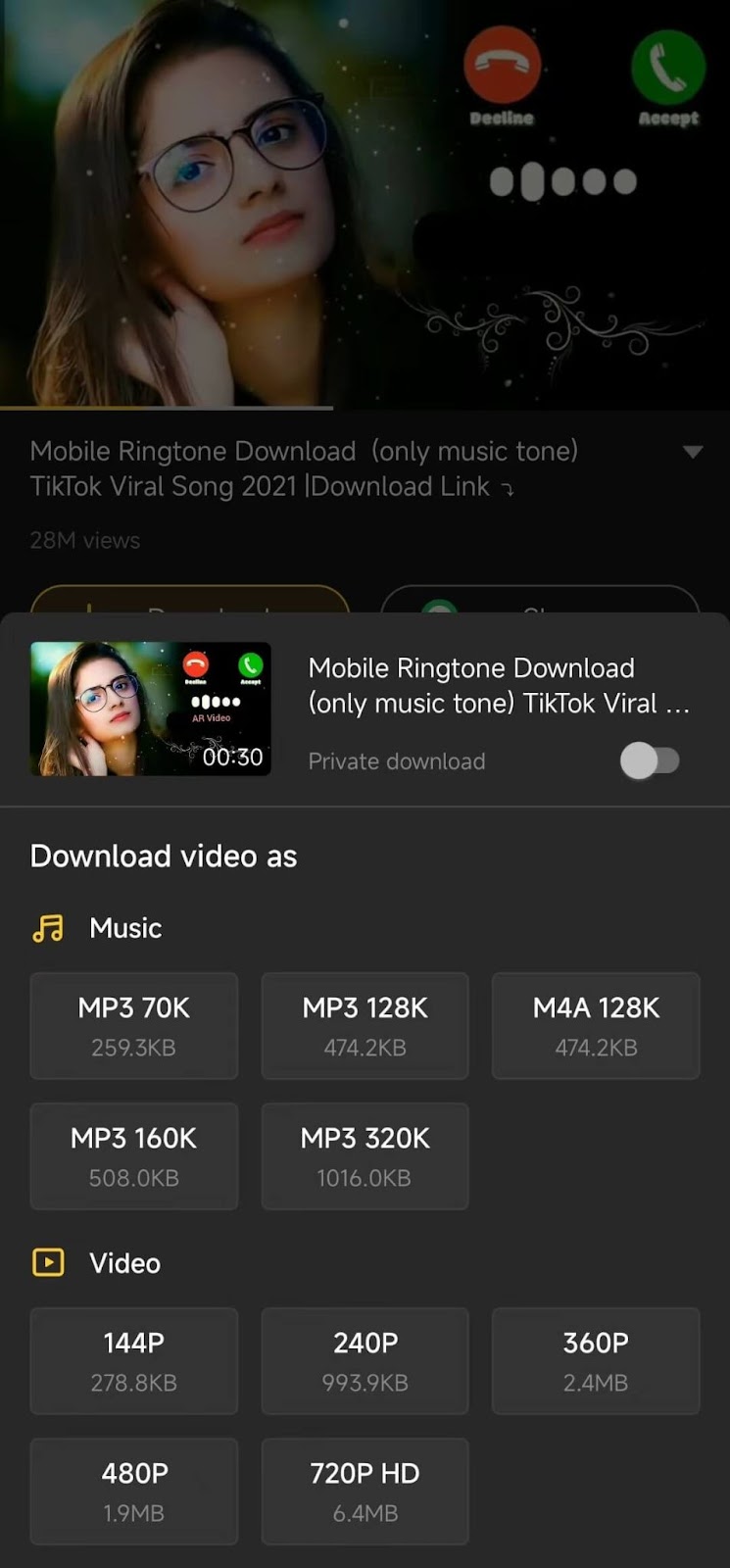 choose a resolution and download the ringtone