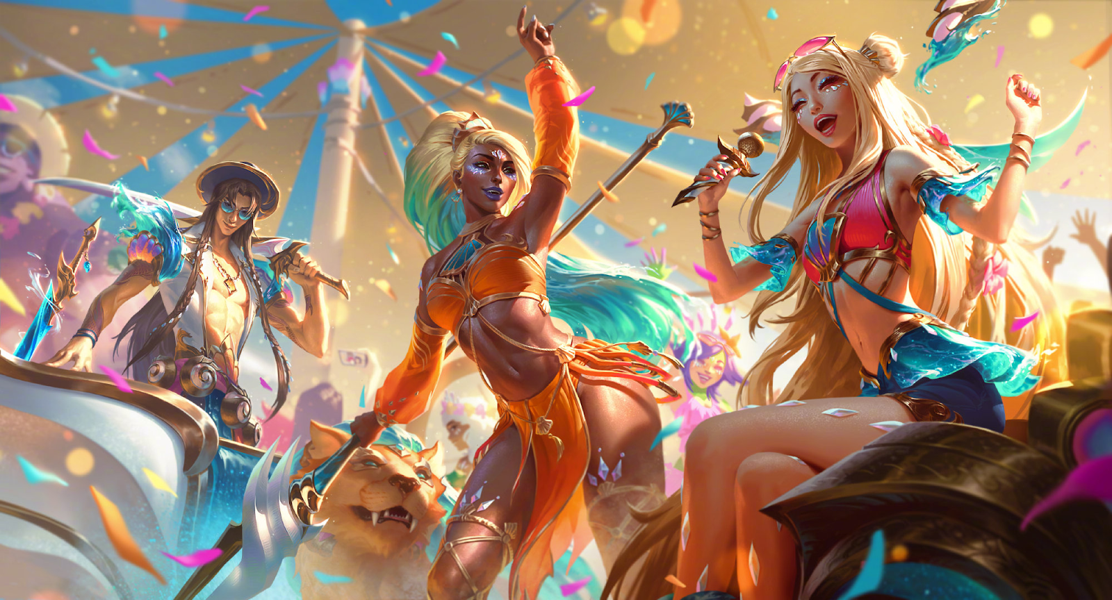 Left to right: Ocean song Yone, Nidalee and Seraphine are at the front and center of this splash art.
